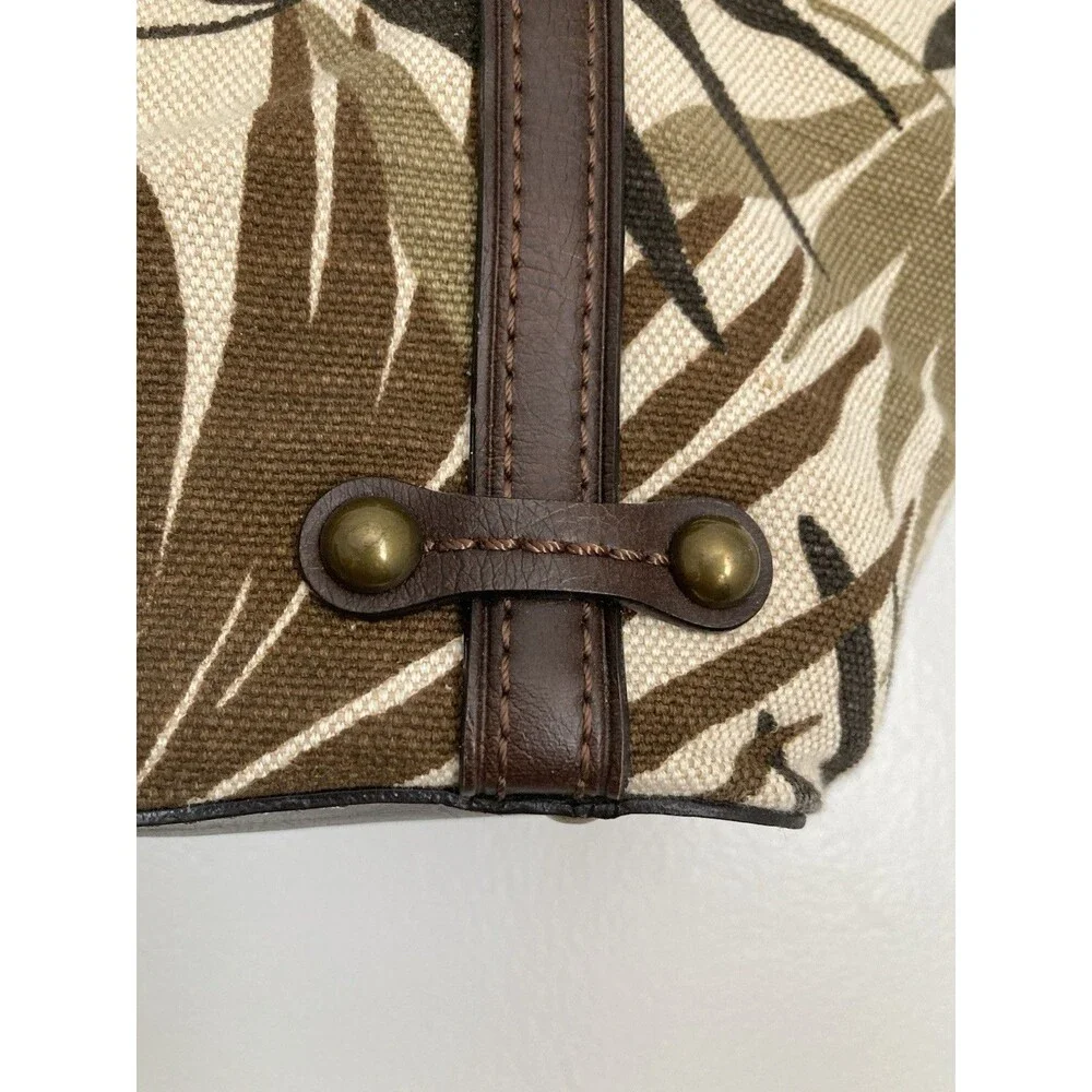 Fossil Palm Print Satchel Tote Leather Canvas Brown Excellent